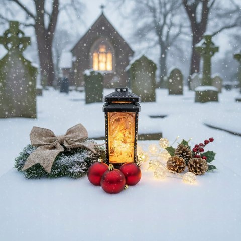 Duży znicz na grób świąteczny lampion szklany kapliczka witraż + wkład