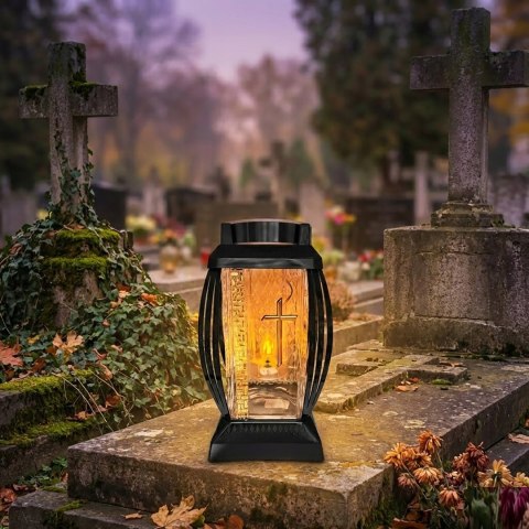 Duży znicz solarny led szklany na cmentarz grób lampion ledowy krzyż ciepły
