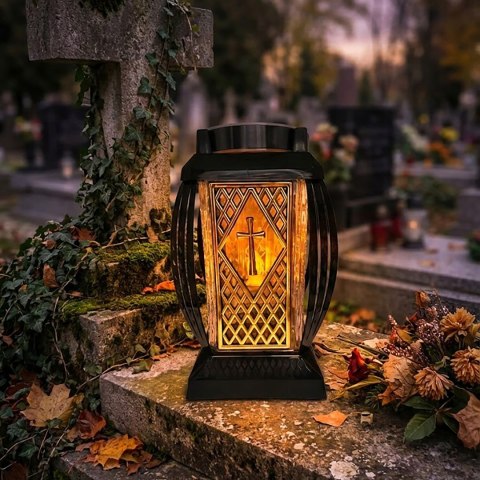 Znicz solarny led duży szklany na cmentarz grób lampion ledowy krzyż ciepły