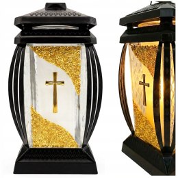 Duży znicz na cmentarz szklany na grób lampion krzyż 29cm dekoracyjny złoty