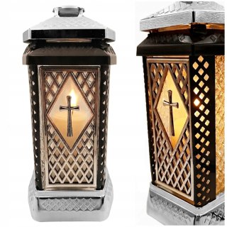 ZNICZ DUŻY SZKLANY OZDOBNY NA GRÓB LAMPION SREBRNY GLAMOUR + WKŁAD