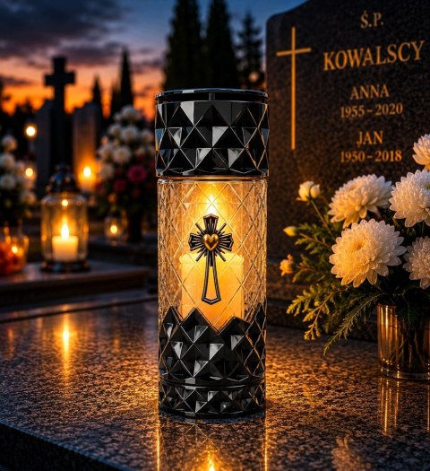 2x Wysoki znicz na cmentarz grób lampion klasyczny 29cm srebrny dekor