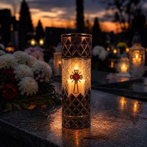 WYSOKI ZNICZ NA CMENTARZ GRÓB LAMPION OZDOBNY KLASYCZNY 29CM ZŁOTY DEKOR