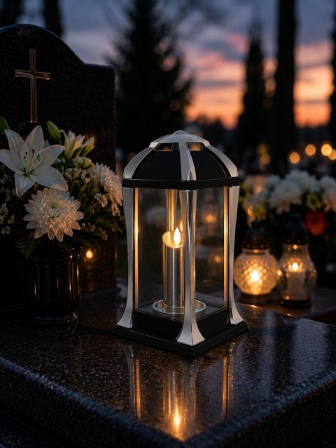 ZNICZ NA CMENTARZ DUŻY SZKLANY OZDOBNY LAMPION WKŁAD LED GRATIS SREBRNY