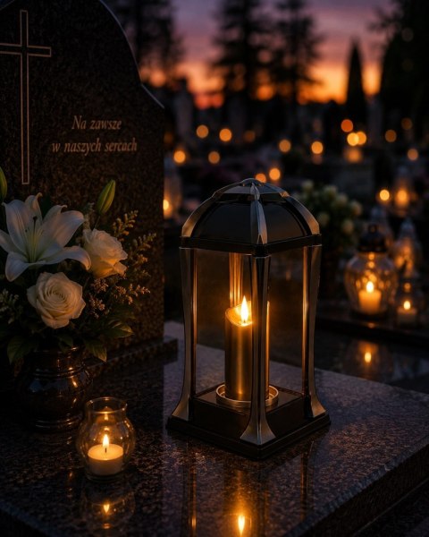 ZNICZ NA CMENTARZ GRÓB DUŻY SZKLANY OZDOBNY LAMPION WKŁAD LED GRATIS GRAFIT