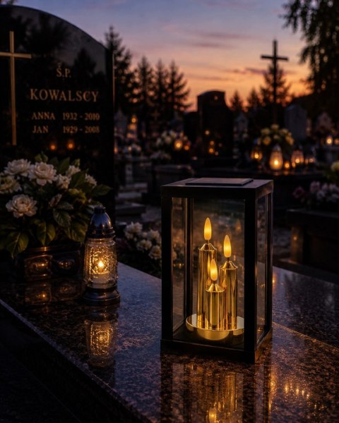ZNICZ SOLARNY LED SZKLANY NA CMENTARZ NA GRÓB DEKORACYJNY LAMPION ZŁOTO