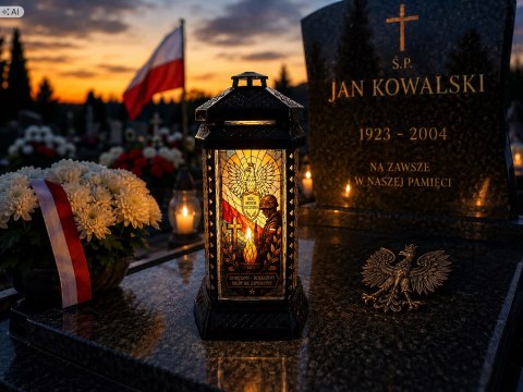 ZNICZ DUŻY SZKLANY OZDOBNY NA GRÓB LAMPION WITRAŻ DLA ŻOŁNIERZA WOJSKO HOŁD