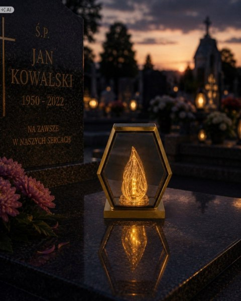 ZNICZ SOLARNY LED DUŻY SZKLANY NA CMENTARZ LAMPION TRAPEZ KAMIEŃ ZŁOTY
