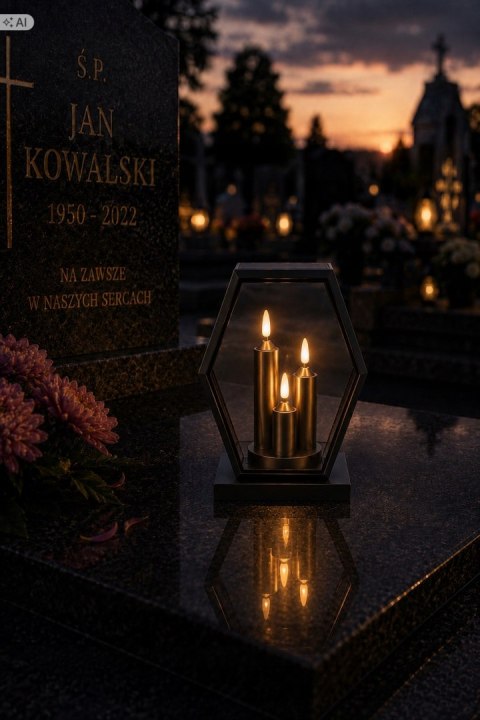 ZNICZ SOLARNY LED DUŻY SZKLANY NA CMENTARZ LAMPION TRAPEZ TRIO CZARNY