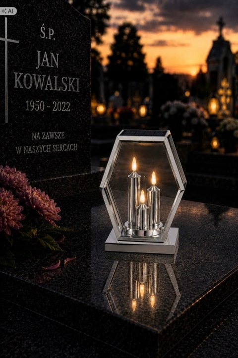 ZNICZ SOLARNY LED DUŻY SZKLANY NA CMENTARZ LAMPION TRAPEZ TRIO SREBRNY
