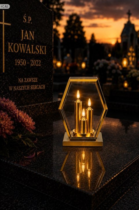 ZNICZ SOLARNY LED DUŻY SZKLANY NA CMENTARZ LAMPION TRAPEZ TRIO ZŁOTY